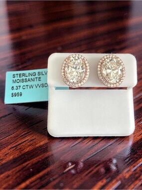 Oval Moissanite Halo Stud Earrings in Rose Gold Tone